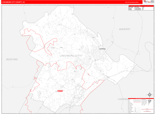 Lynchburg City County, VA Wall Map Red Line Style
